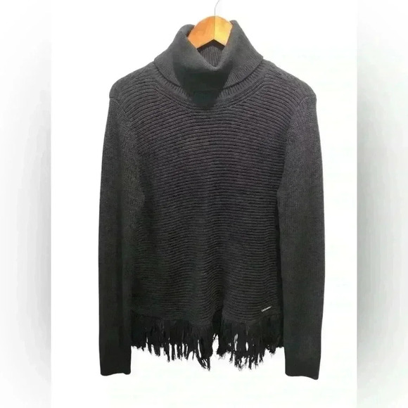 Michael Kors Medium Black Knit Turtleneck Pullover Sweater Fringe Logo L/S - Picture 1 of 5